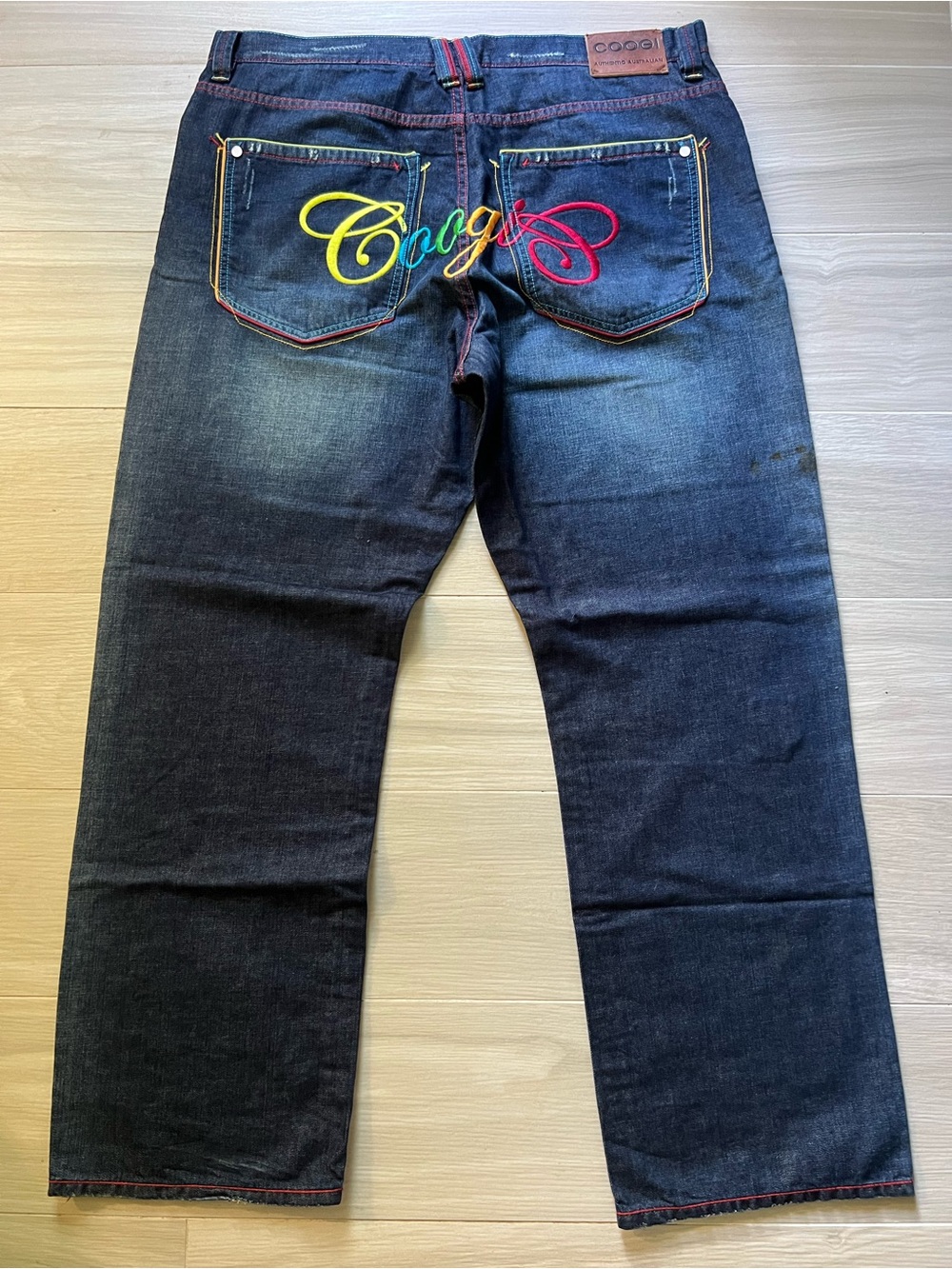 Rare COOGI Dark Blue Straight Jeans with Multicolor Embroidered Back Logo Y2K
